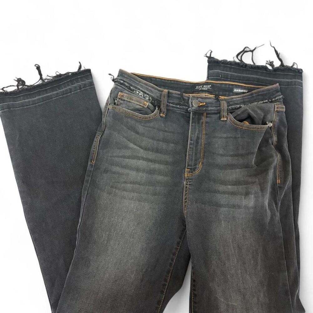 Judy Blue Slim Bootcut Jeans 13/31 Dark Wash Distressed Raw Hem Stretch Denim